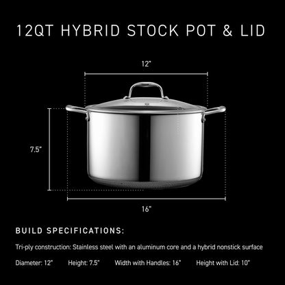 Hybrid Nonstick 12-Quart Stockpot with Tempered Glass Lid, Stay-Cool Handles, Dishwasher-Friendly, Oven-Safe up to 900°F, Induction Ready, Compatible with All Cooktops