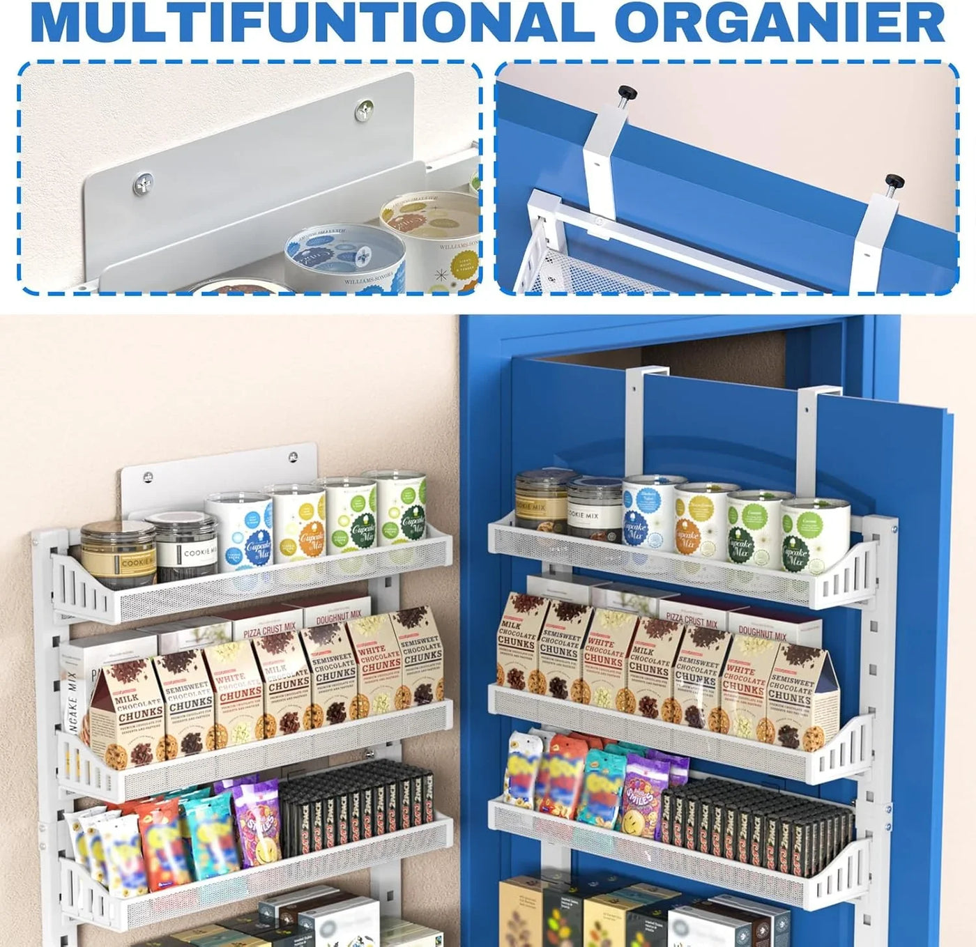 8-Tier over the Door Organizer, Heavy Duty Metal Pantry Organizer and Storage with Adjustable Baskets, 2-In-1 Hanging or Wall Mounted Shelf for Kitchen, Bathroom, Laundry Room-Large Spice Rack