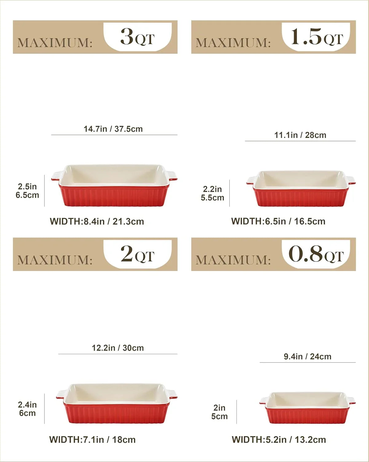Bakeware Set of 4,  Porcelain Baking Pans Set for Oven, Casserole Dish, Ceramic Rectangular Baking Dish Lasagna Pans for Cooking Cake Pie Dinner Kitchen, Red (9.5"/11.25"/12.75"/14.5")