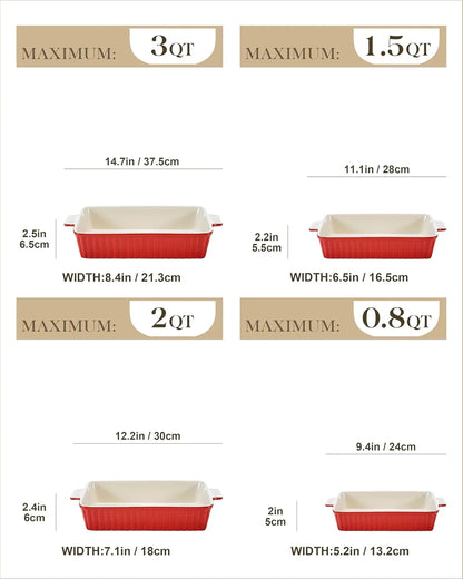 Bakeware Set of 4,  Porcelain Baking Pans Set for Oven, Casserole Dish, Ceramic Rectangular Baking Dish Lasagna Pans for Cooking Cake Pie Dinner Kitchen, Red (9.5"/11.25"/12.75"/14.5")
