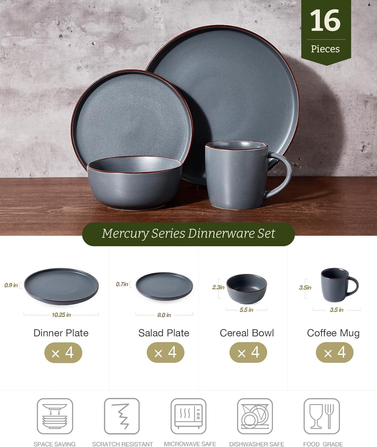 Mercury Dinnerware Sets with Mugs, Service for 4 (16 Pieces), Plates and Bowls Sets, Microwave and Dishwasher Safe Dishes Set, Charcoal