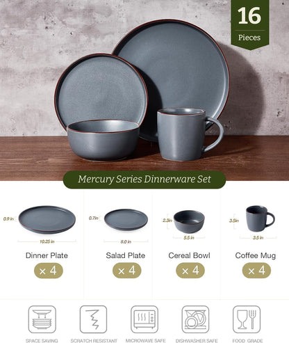 Mercury Dinnerware Sets with Mugs, Service for 4 (16 Pieces), Plates and Bowls Sets, Microwave and Dishwasher Safe Dishes Set, Charcoal