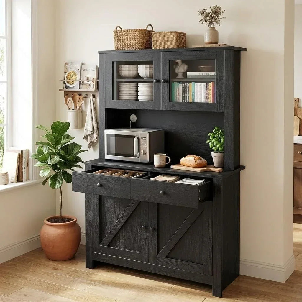 Black kitchen hutch with glass doors, microwave shelf, and storage drawers for cookware and tableware
