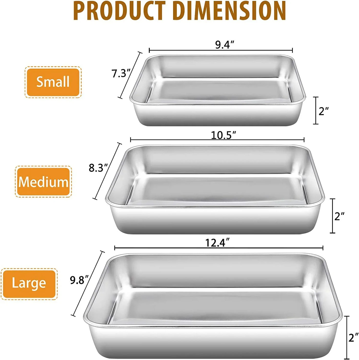 Baking Pans Set of 3, Stainless Steel Sheet Cake Pan for Oven - 12.5/10.5/9.4Inch, Rectangle Bakeware Set for Cake Lasagna Brownie Casserole Cookie, Non-Toxic & Healthy, Dishwasher Safe