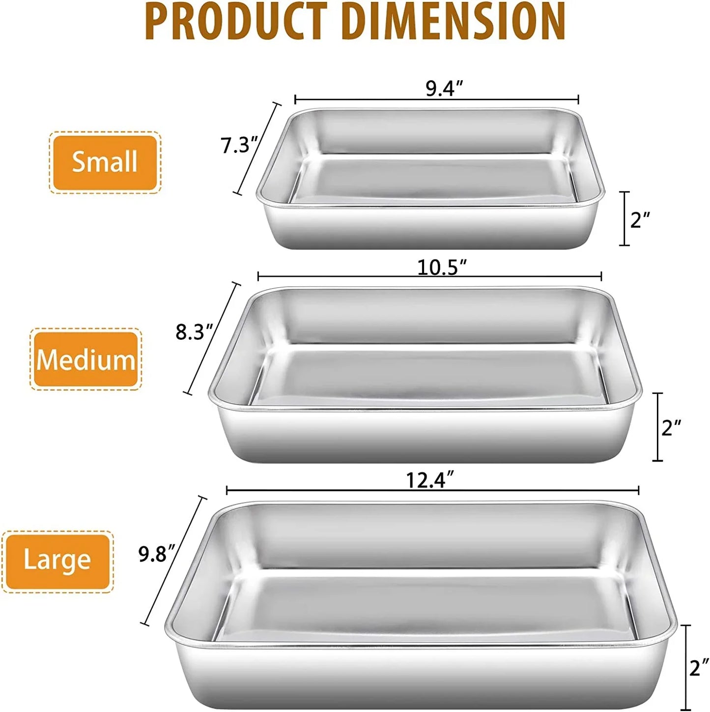 Baking Pans Set of 3, Stainless Steel Sheet Cake Pan for Oven - 12.5/10.5/9.4Inch, Rectangle Bakeware Set for Cake Lasagna Brownie Casserole Cookie, Non-Toxic & Healthy, Dishwasher Safe