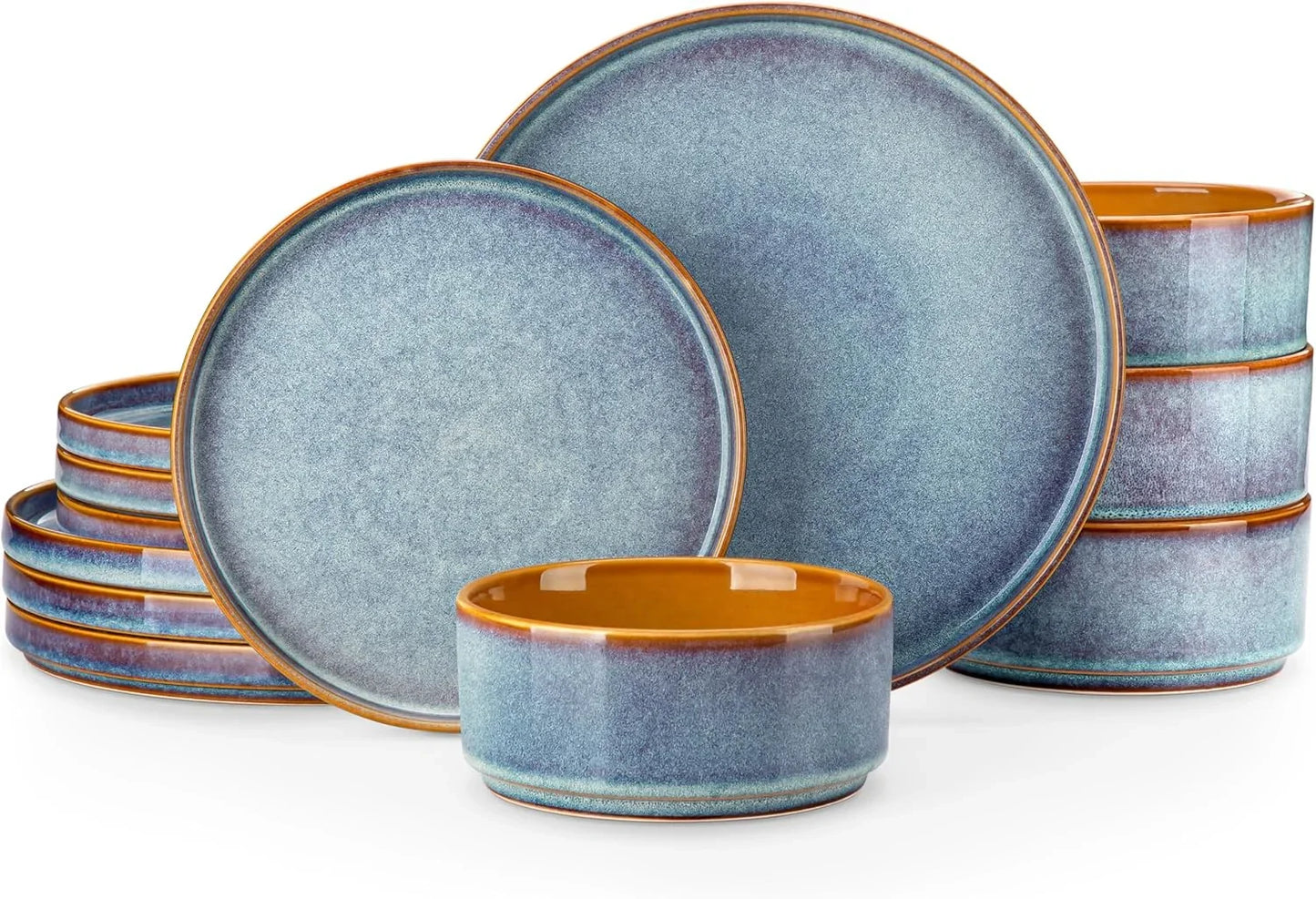 ONION Ceramic Plates and Bowls Sets, 12 Pieces Blue Dinnerware Sets for Kitchen, Reactive Glaze Dishes Set for 4, Dishwasher and Microwave Safe