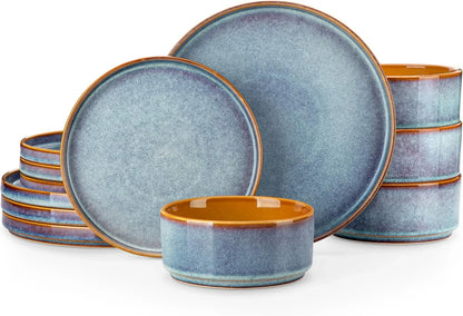 ONION Ceramic Plates and Bowls Sets, 12 Pieces Blue Dinnerware Sets for Kitchen, Reactive Glaze Dishes Set for 4, Dishwasher and Microwave Safe