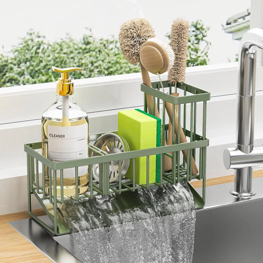 Kitchen Sink Caddy, Sponge Holder for Kitchen Sink, Kitchen Sink Organzier and Storage with High Brush Holder, 304 Stainless Gadgets Sink Accessories, Organizadores De Cocina Sage Green