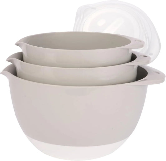 3 Plastic Mixing Bowls with Lids,Pour Spout,4.8In Deep Baking Mixing Bowl Set with TPR Bottom Non Slip,Kitchen Nesting Batter Bowls for Mixing,Prep Food,Dishwasher Safe,3Qt,2Qt,1.5Qt,Gray