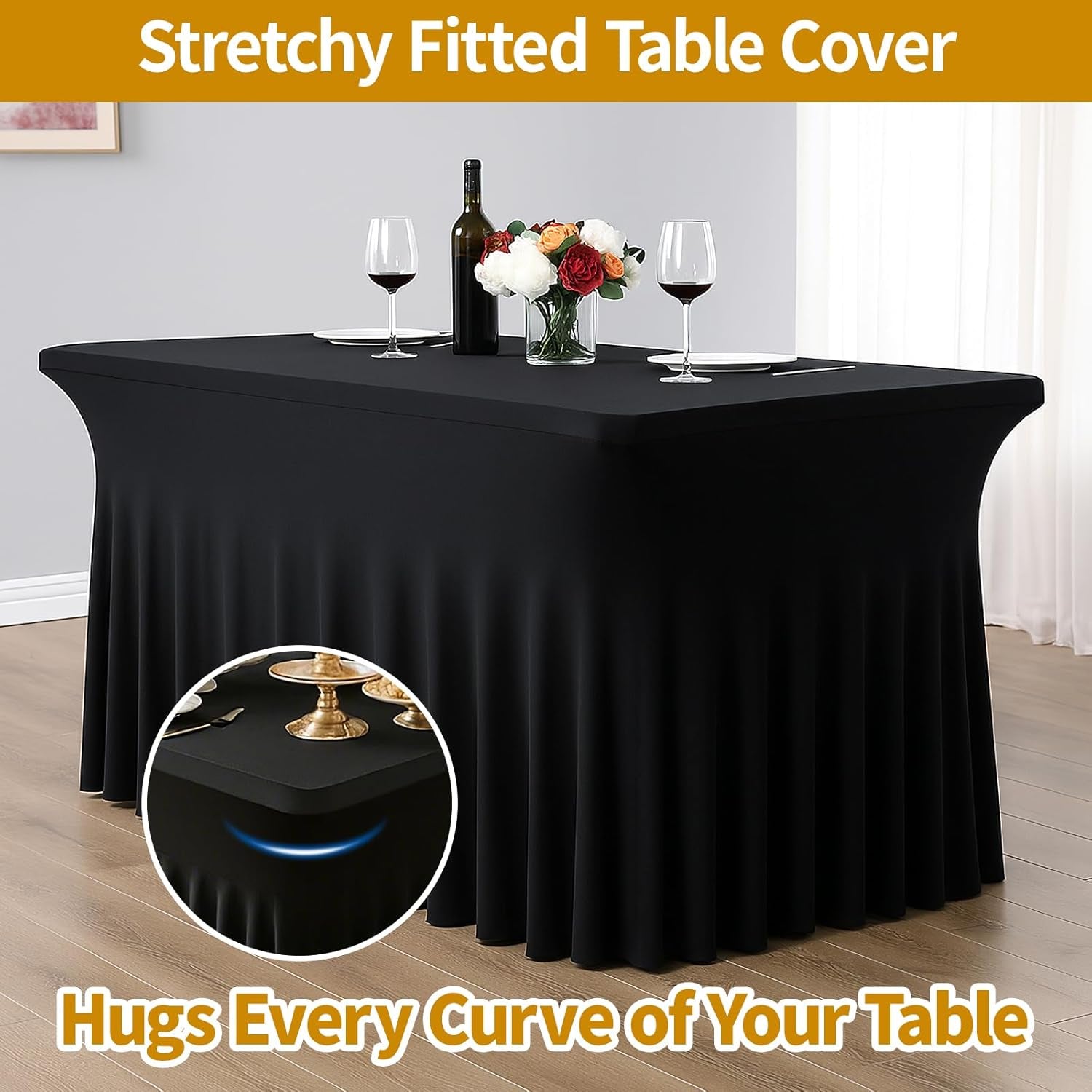 2 Pack Black Spandex Table Covers 6 Foot, Fitted Stretch Tableclothes 30X72 Inch, Wrinkle Free 6FT Fitted Table Clothes with Skirt for Party, Banquet, Wedding and Events