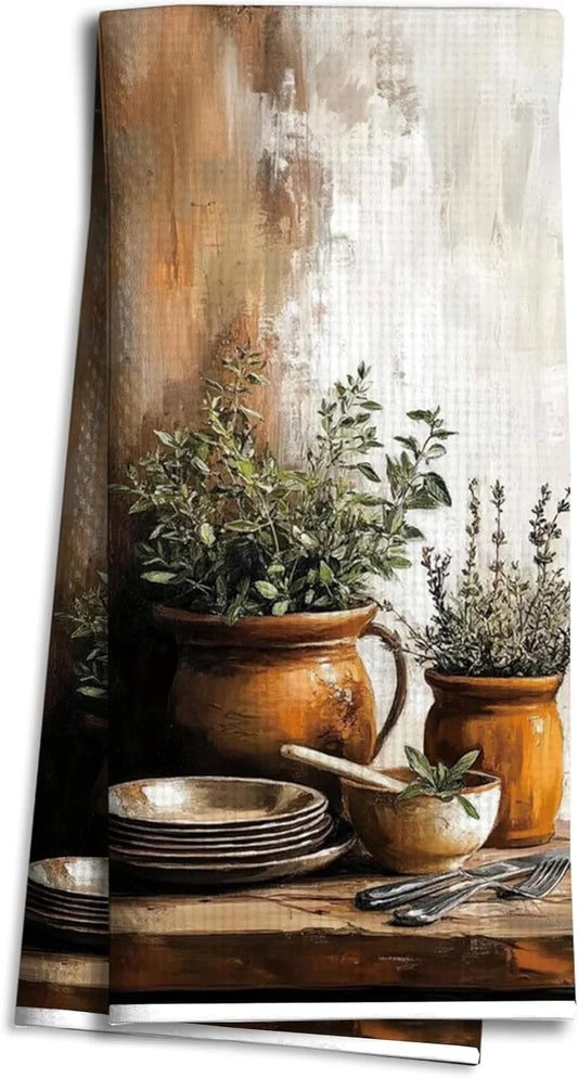 Vintage Farmhouse Kitchen Towels 16X24 Inch, Rustic Kitchen Decor, Moody Cottagecore Floral Botanical Herb Hand Tea Towels for Dining Room Decor