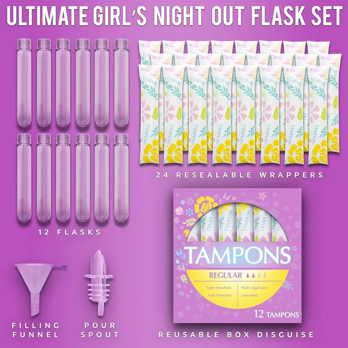 Tampon Flasks 12 Pack (18 Oz Total) - Hidden Alcohol Travel Flasks for Women - Secret Liquor Containers for Nightclubs, Festivals, Cruises, and Sports Events – Includes Funnel & Spout