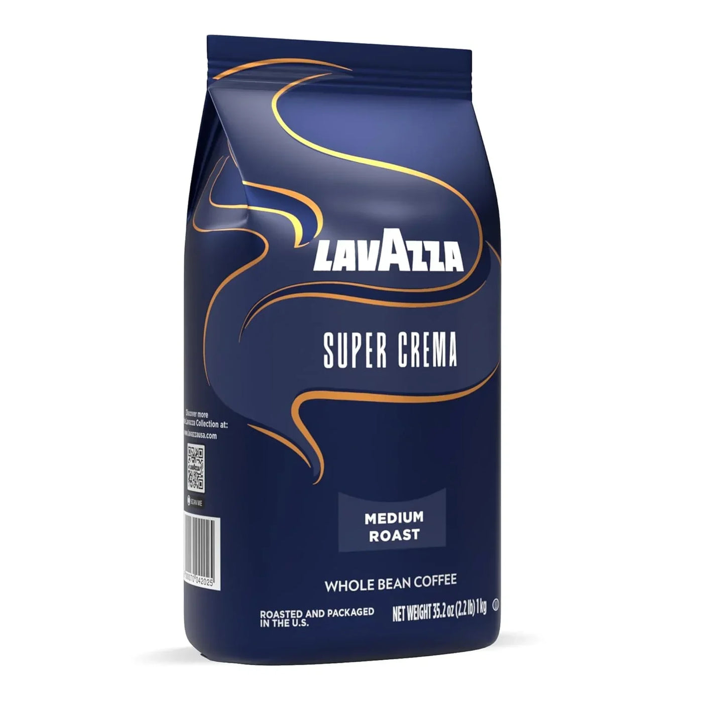 Lavazza Super Crema Medium Roast Whole Bean Coffee, 1kg bag with elegant blue and gold design