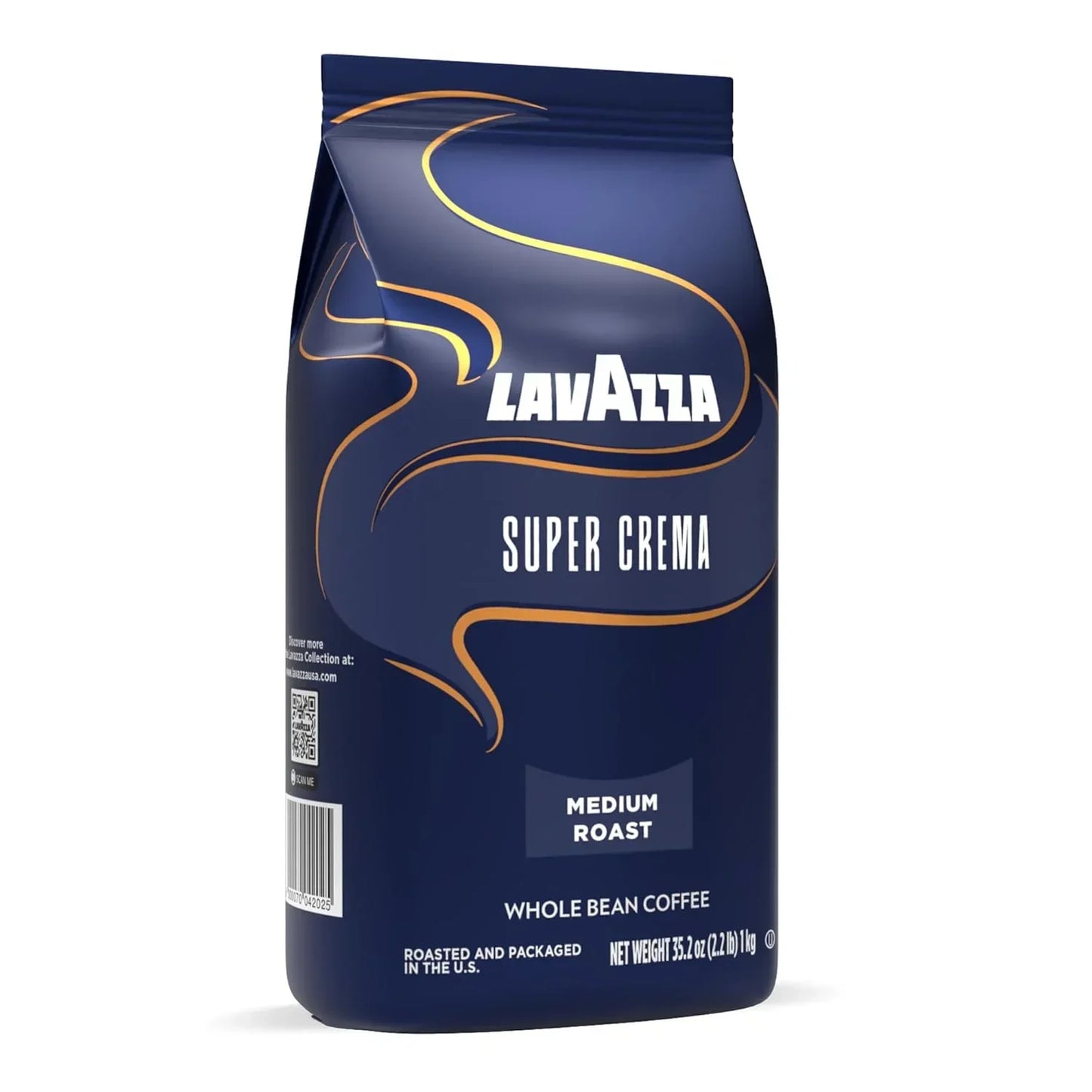 Lavazza Super Crema Medium Roast Whole Bean Coffee, 1kg bag with elegant blue and gold design