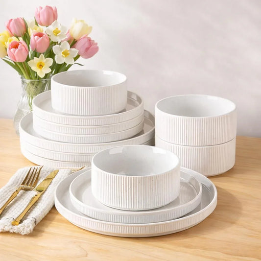 Stoneware Dinnerware Sets for 4, 12 Pieces Ceramic Ribbed Plates and Bowls Set, Reactive Glaze Stackable Plate Sets, Scratch Resistant Dishes, Microwave & Dishwasher Safe, White