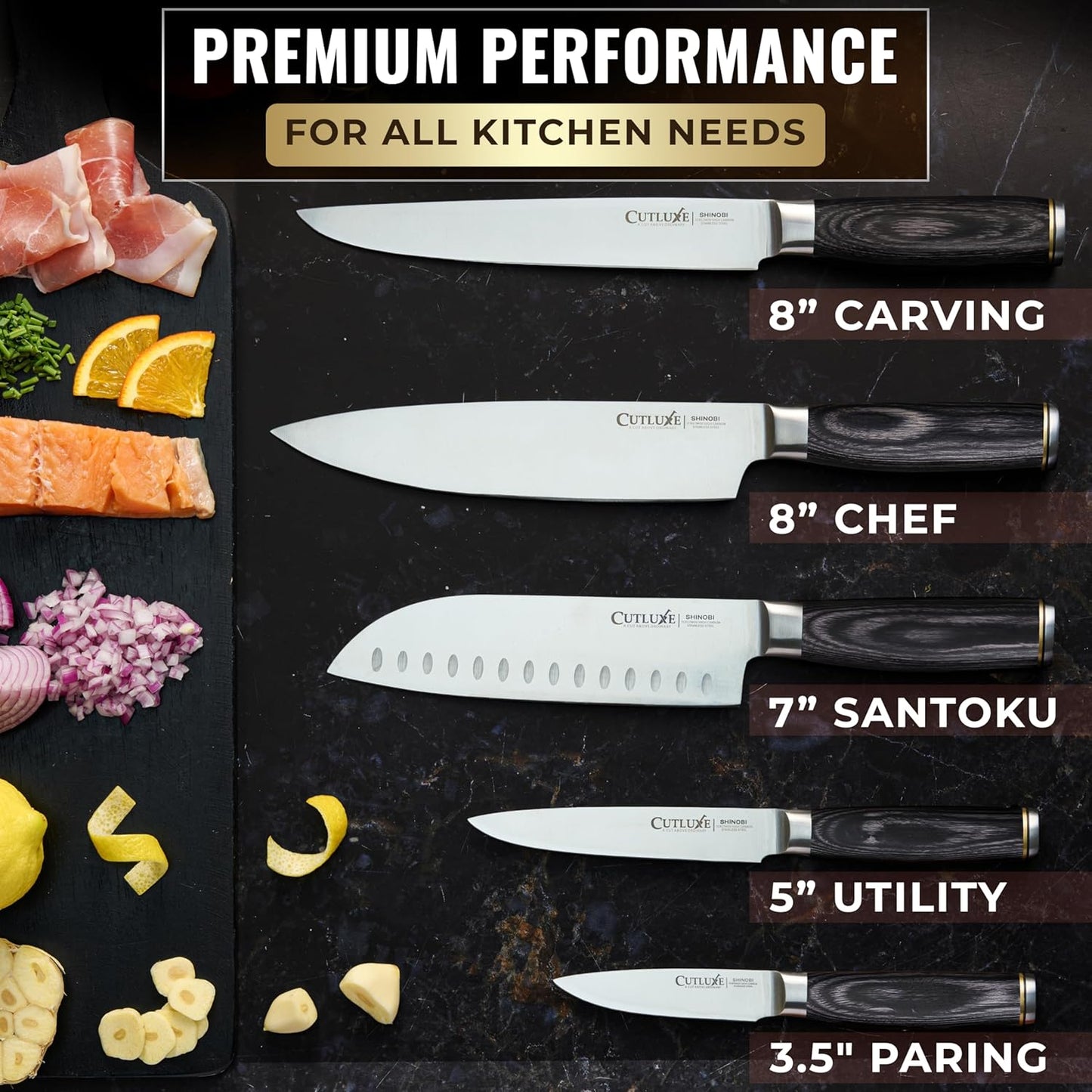 5-Piece Chef Knife Set – Ultra Sharp Japanese Kitchen Knives, High Carbon Stainless Steel Blades, Full Tang Pakkawood Handles – Shinobi Series