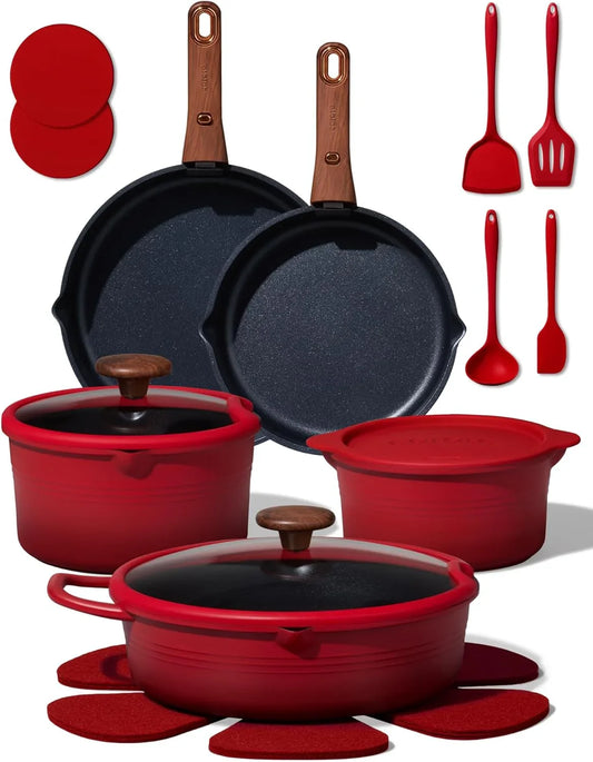 20Pcs Titanium Cookware Set, Pots and Pans Set Non Stick, Kitchen Cooking Set with Detachable Handle, Non Toxic Induction Cookware - Camping Cookware, Dishwasher/Oven Safe, Red