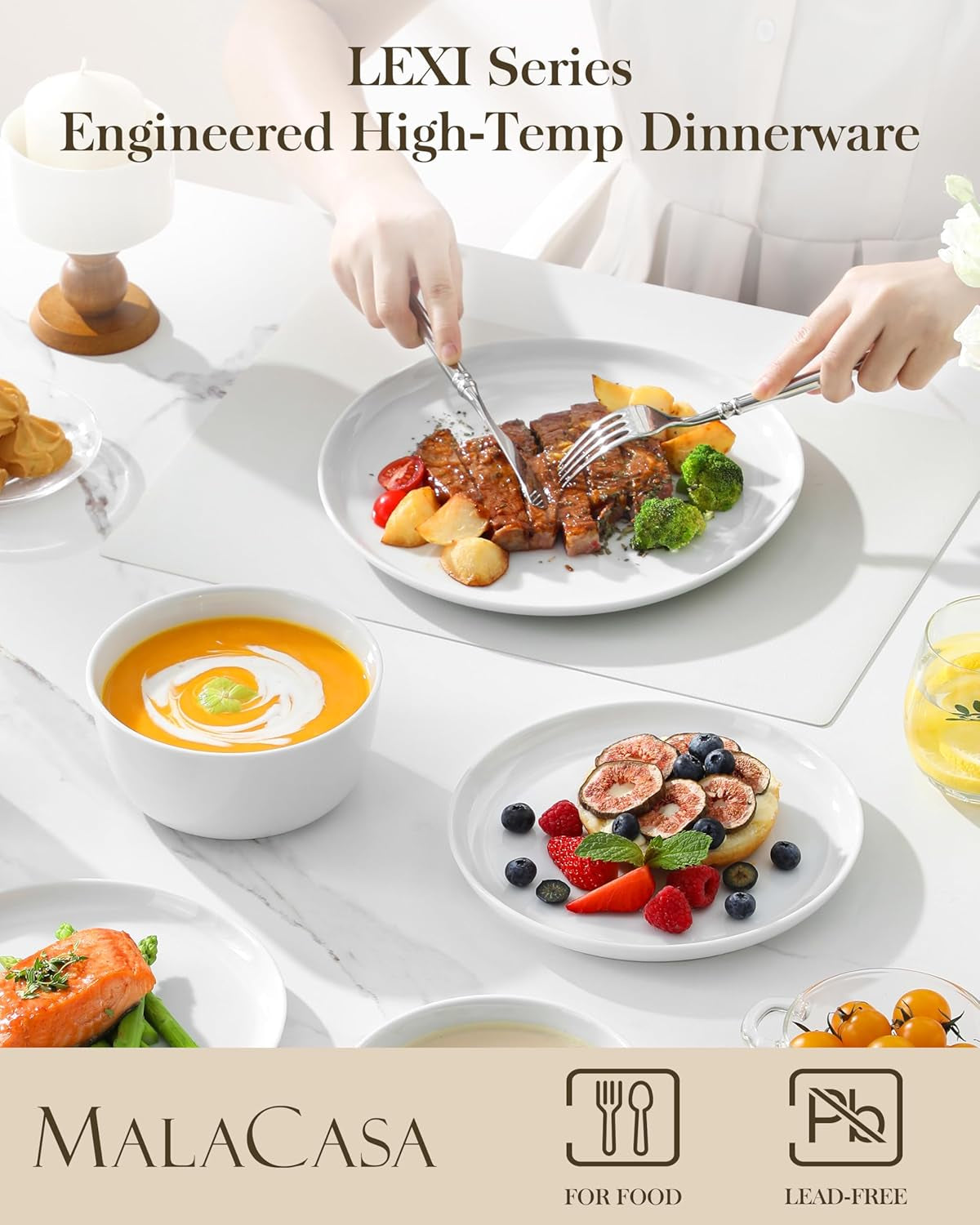 24 Pieces Gourmet Porcelain Dinnerware Sets, Premium Plates and Bowls Set, High-Fired Ceramic Dishes Set for 8, Chip & Scratch Resistant, Microwave Dishwasher Safe, White, Series LEXI
