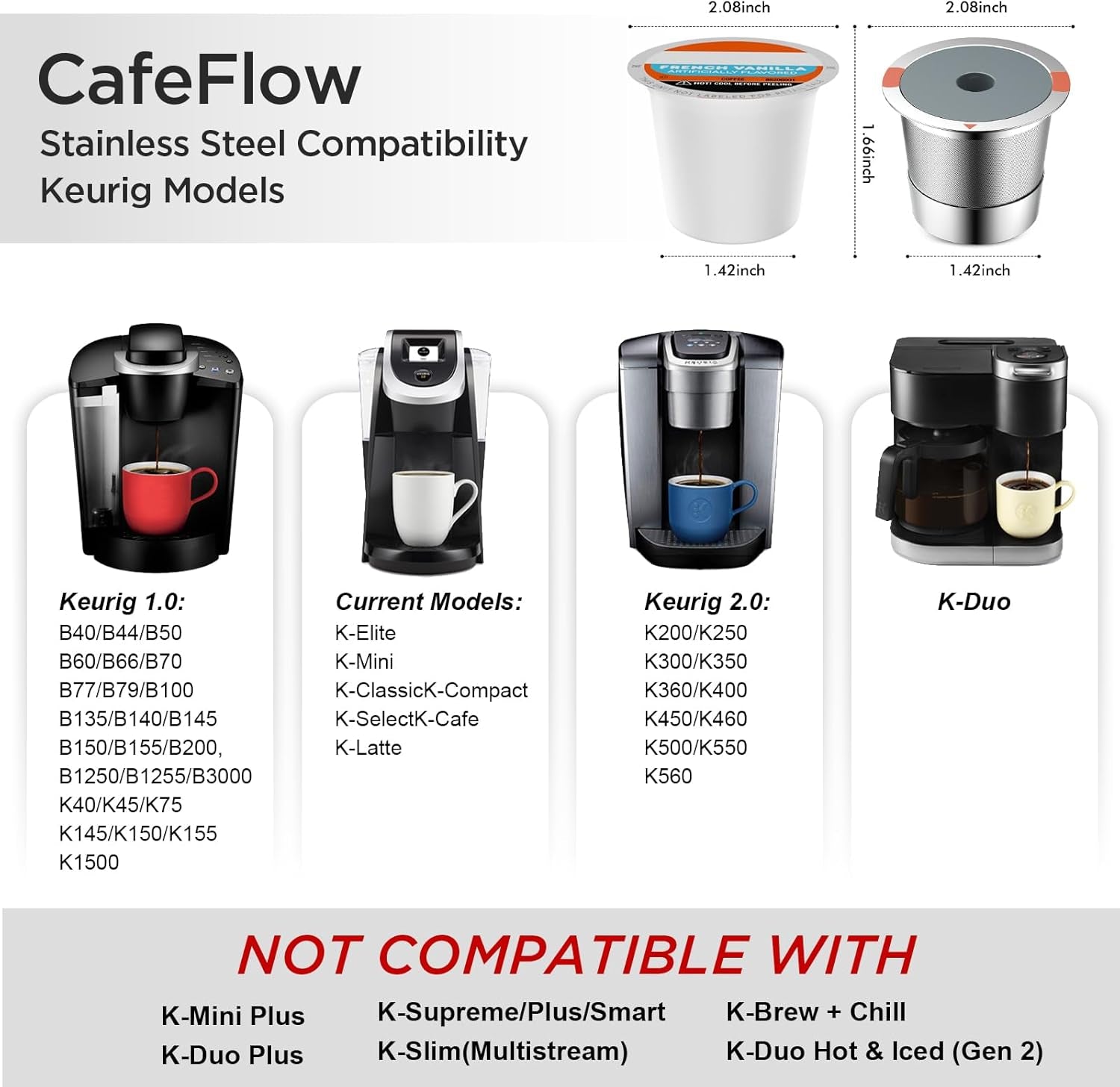 Reusable K Cups and Coffee Pods,Universal Stainless Steel K Cups for Keurig 2.0 and 1.0 Coffee Makers Machine(2Pack)