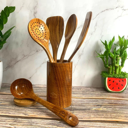 Premium Teak Healthy Spoons, Durable Eco-Friendly Spatula, Wooden Utensils Set with Holder & Canvas Bag, Wooden Cooking Gifts for Mom