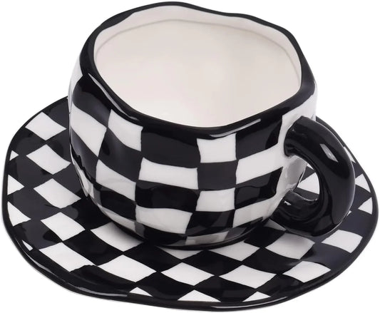 Ceramic Coffee Mug, Novelty Black and White Plaid Cup with Saucer for Office and Home, Dishwasher and Microwave Safe, 10 Oz/300 Ml for Latte Tea Milk (Black and White Plaid)