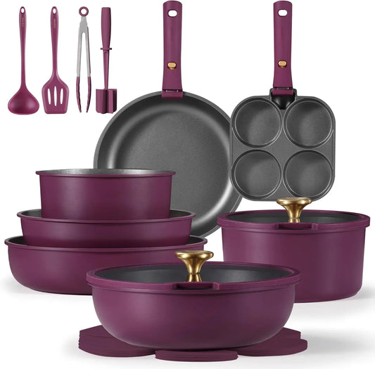 21Pcs Pots and Pans Set, Nonstick Cookware Set Detachable Handle, Induction Kitchen Cookware Sets Non Stick with Removable Handle, RV Cookware Set, Gold and Purple