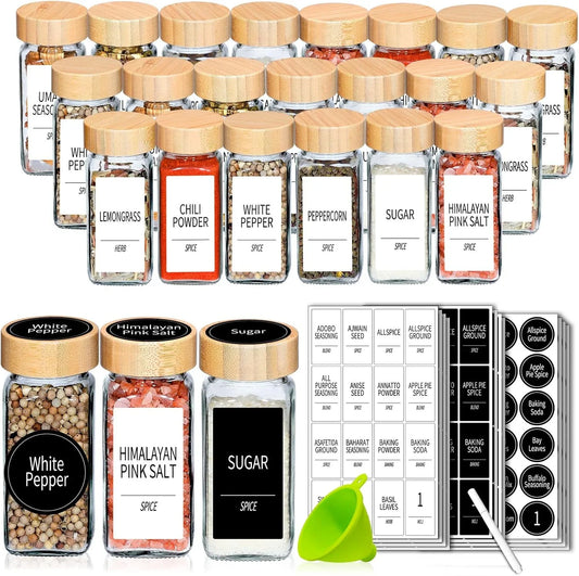24 Spice Jars with Labels & Bamboo Lids - 4 Oz Glass Containers with Shaker Lids, 547 Spice Labels of 3 Different Types Seasoning Jars for Spice Rack, Cabinet, or Drawer