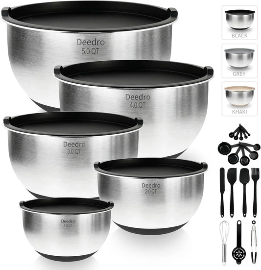 Premium Mixing Bowls with Airtight Lids Set, 22Pcs Thicker Stainless Steel Mixing Bowl Set, Large Prep Metal Bowls, Non-Slip Silicone Base Nesting Bowls for Kitchen, 1.5/2/3/4/5 QT, Black