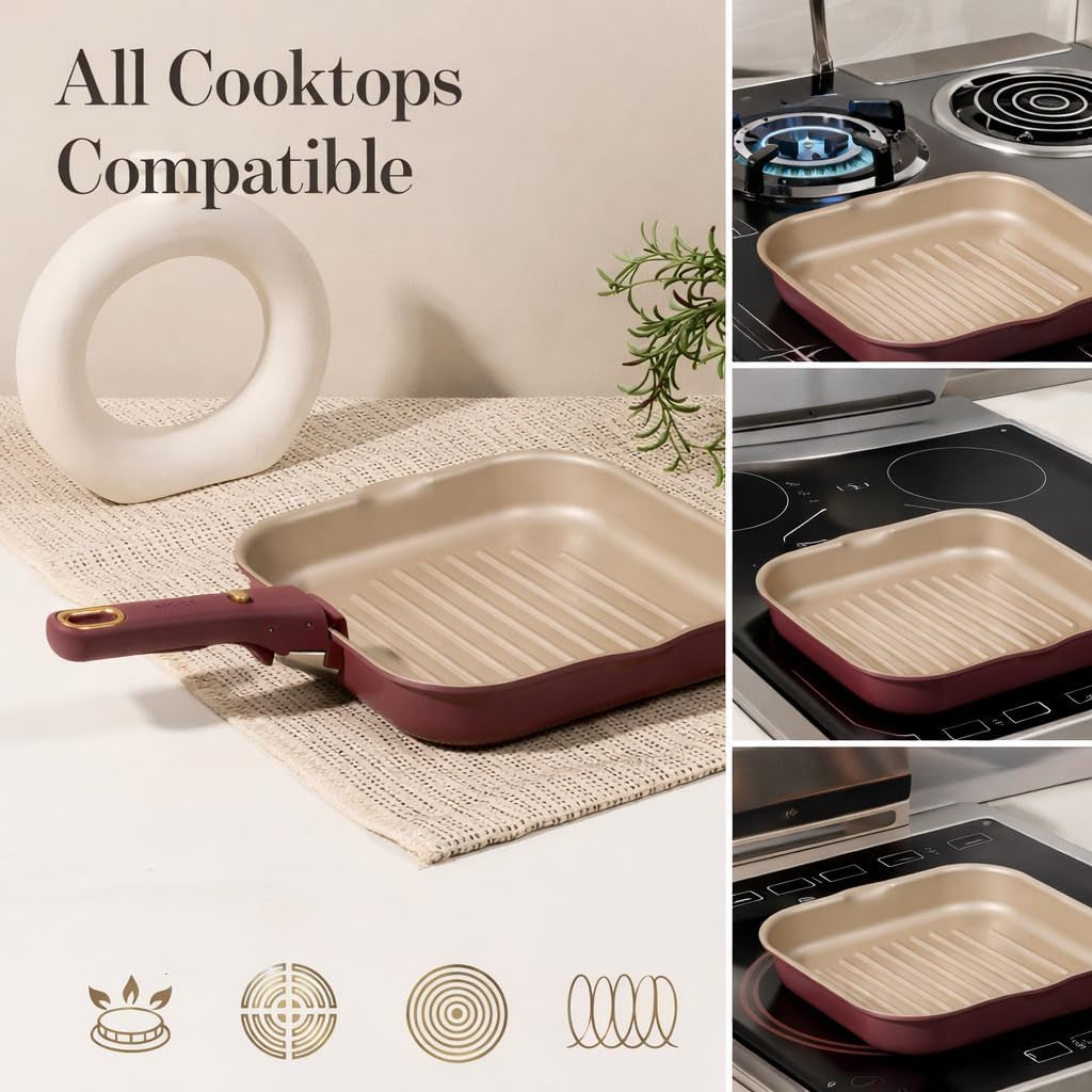 10 Inch Titanium Reinforced Nonstick Grill Pans for Steak, Non-Stick Grill Pans Sets with Detachable Handle, PFOS, PFOA Free, Gas & Induction Safe, All Stovetops Compatible, Burgundy
