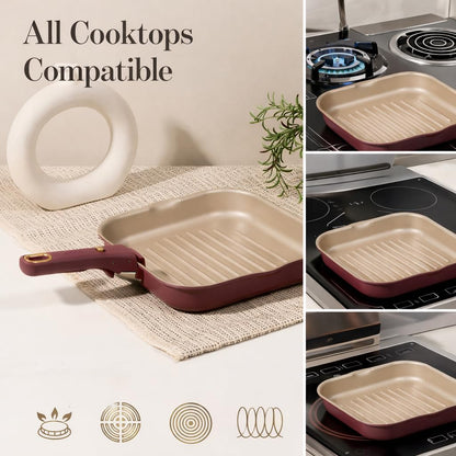 10 Inch Titanium Reinforced Nonstick Grill Pans for Steak, Non-Stick Grill Pans Sets with Detachable Handle, PFOS, PFOA Free, Gas & Induction Safe, All Stovetops Compatible, Burgundy