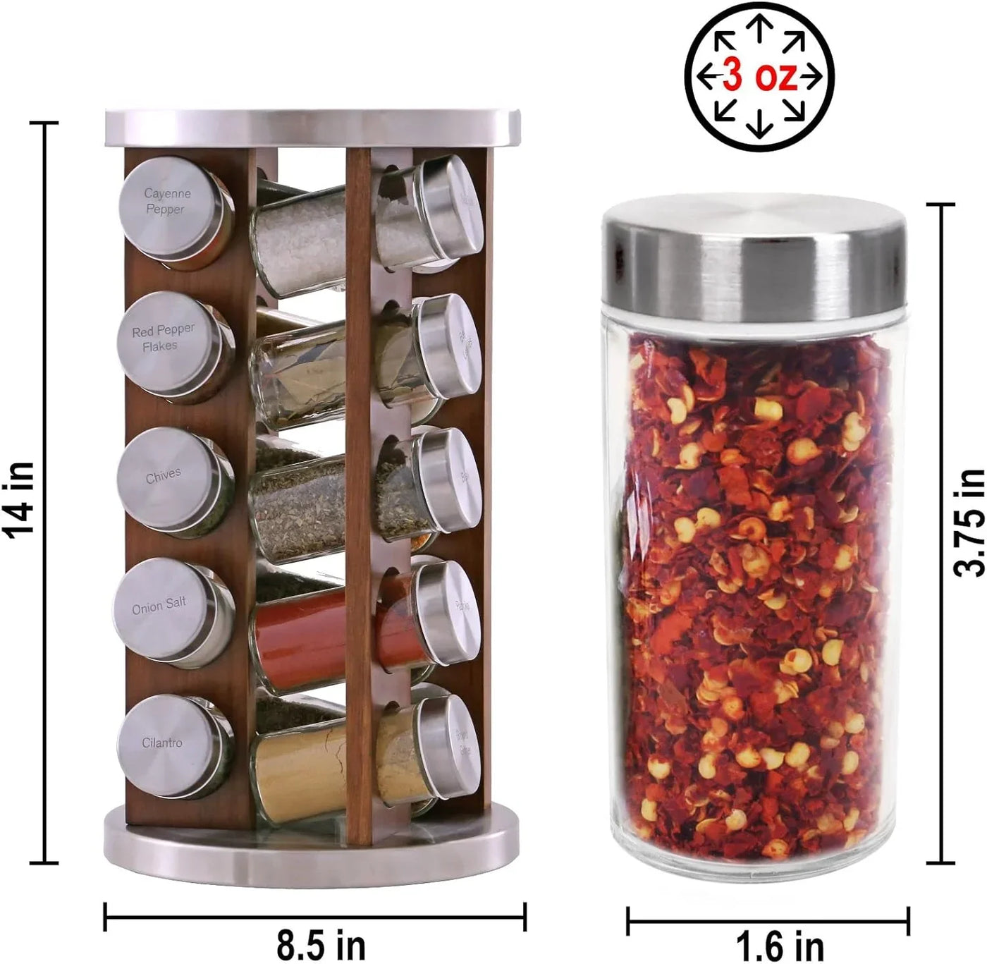20 Jar Rotating Dark Acacia Wood Spice Rack with Spices Included & 5-Year Spice Refill Program – Rustic Wood Countertop Spice Rack with Glass Jars