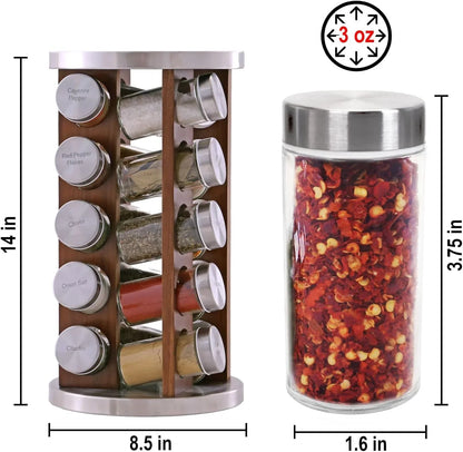 20 Jar Rotating Dark Acacia Wood Spice Rack with Spices Included & 5-Year Spice Refill Program – Rustic Wood Countertop Spice Rack with Glass Jars