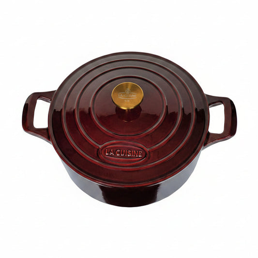 Enameled Cast Iron Dutch Oven Casserole Dish Pot with Lid, 5 QT 10.3“ /26Cm Dia. Internal Matt Black Enamel Coating Gold-Plated SS Lid Handle Oven Safe up to 500° F, Cranberry