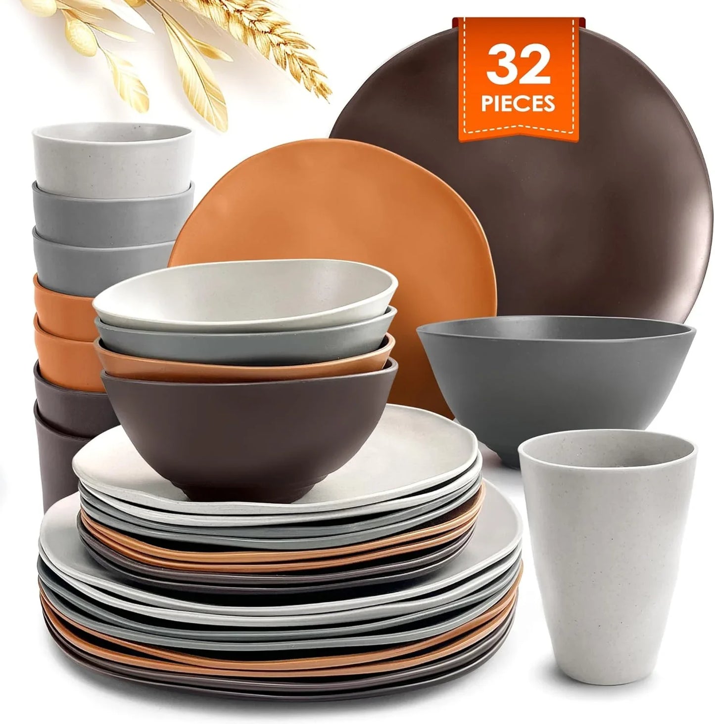 32-Piece Kitchen Plastic Wheat Straw Dinnerware Set, Service for 8, Dinner Plates, Dessert Plate, Cereal Bowls, Cups, Unbreakable Plastic Outdoor Camping Dishes, Smoky Brown