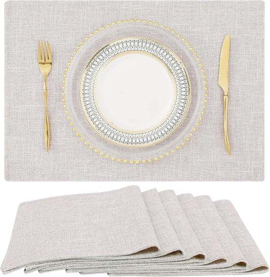 Cotton Linen Placemats Set of 6, Cloth Washable Farmhouse Dining Table Mats for Indoors & Outdoors, Easy to Clean, Neutral Beige, 13 X 19 Inch