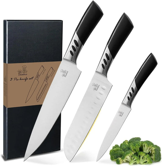Kitchen Knife Set 3 Piece | Professional Chef Knife Set with 8" Chef Knife, 7" Santoku Knife, 5" Utility Knife | High Carbon Stainless Steel Sharp Kitchen Knives for Home Cooking & Gifting