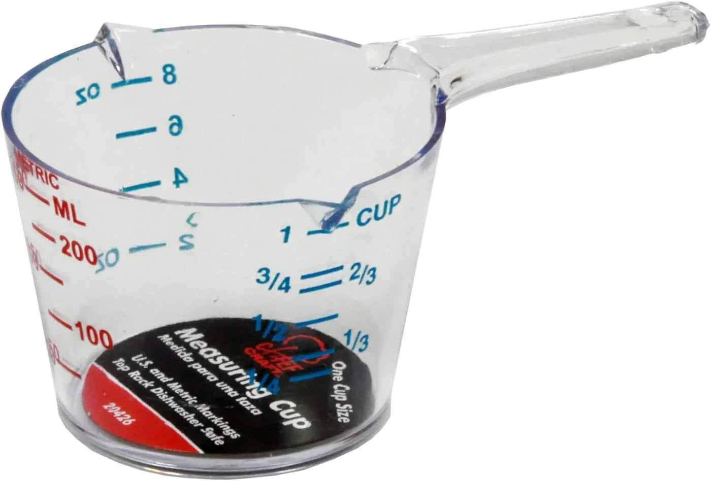 Clear plastic measuring cup with metric and U.S. markings for precise kitchen cooking and baking