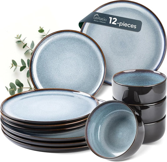 Ceramic Dinnerware Sets for 4,12 Pieces Poreclain Plates and Bowls Sets,Scratch Resistant Dishes,Dishwasher & Microwave Safe,Oven Safe Dishes Set,Service for 4-Gray White