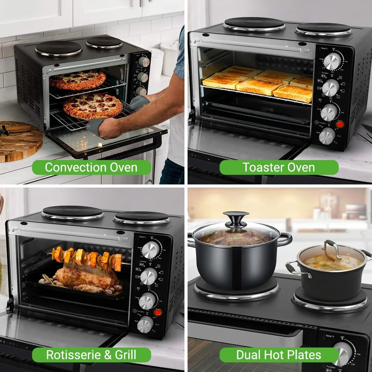 2-In-1 Convection Oven & Cooker - 30 Quart, 1500W Multi-Function Kitchen Oven with Dual Hot Plates, 7 Cooking Modes Including Rotisserie, Broil, Bake - 19.6 X 16.0 X 13.5 Inches
