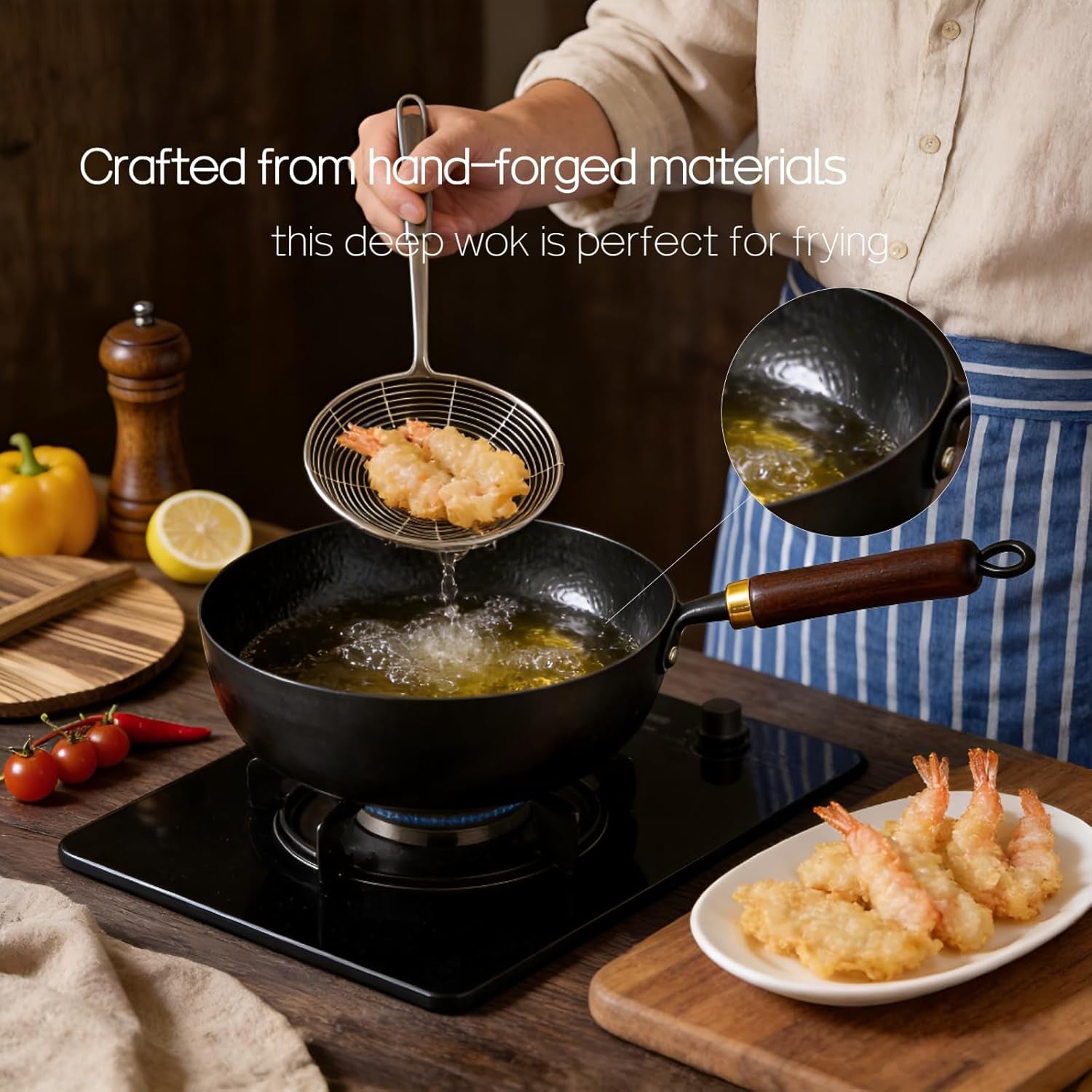 10" Pre-Seasoned Carbon Steel Wok - Fast, Even Heating, Electric & Induction - Durable Commercial-Grade - Ready-To-Use, Easy Maintenance - Toxin-Free Cooking - Japanese Style Deep Wok