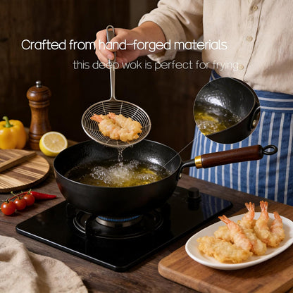 10" Pre-Seasoned Carbon Steel Wok - Fast, Even Heating, Electric & Induction - Durable Commercial-Grade - Ready-To-Use, Easy Maintenance - Toxin-Free Cooking - Japanese Style Deep Wok