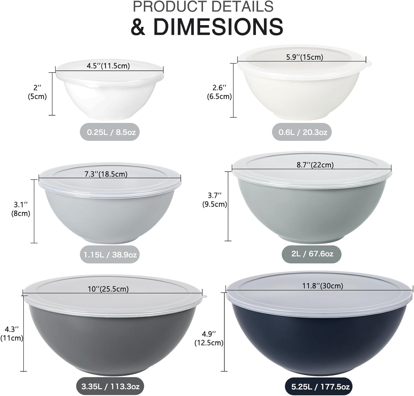 Plastic Mixing Bowls with Lids Set for Kitchen, 6 Set Nesting Bowls for Mixing, Baking, Prepping, Cooking and Serving Food, Mixing Bowls Dishwasher, Microwave Safe