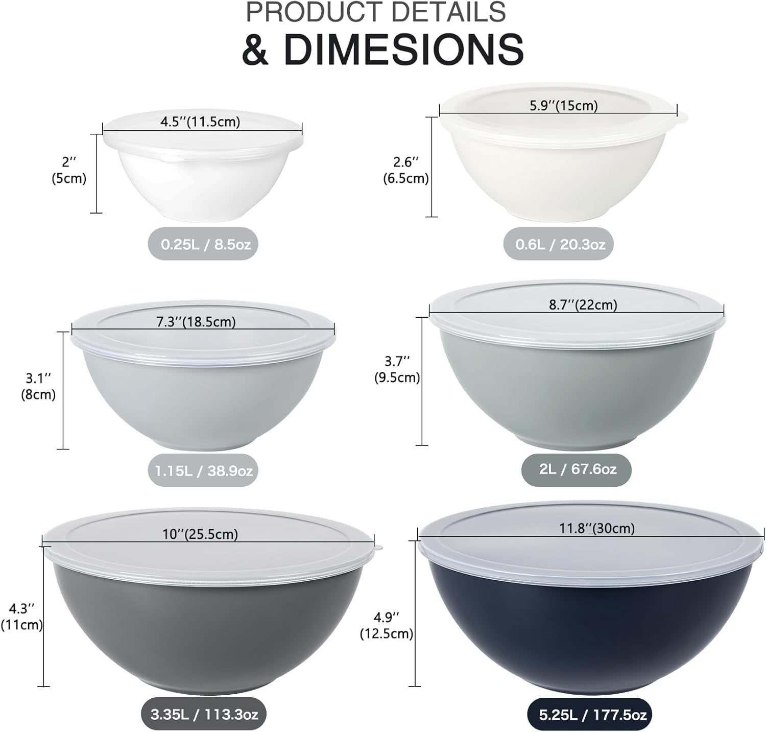 Plastic Mixing Bowls with Lids Set for Kitchen, 6 Set Nesting Bowls for Mixing, Baking, Prepping, Cooking and Serving Food, Mixing Bowls Dishwasher, Microwave Safe