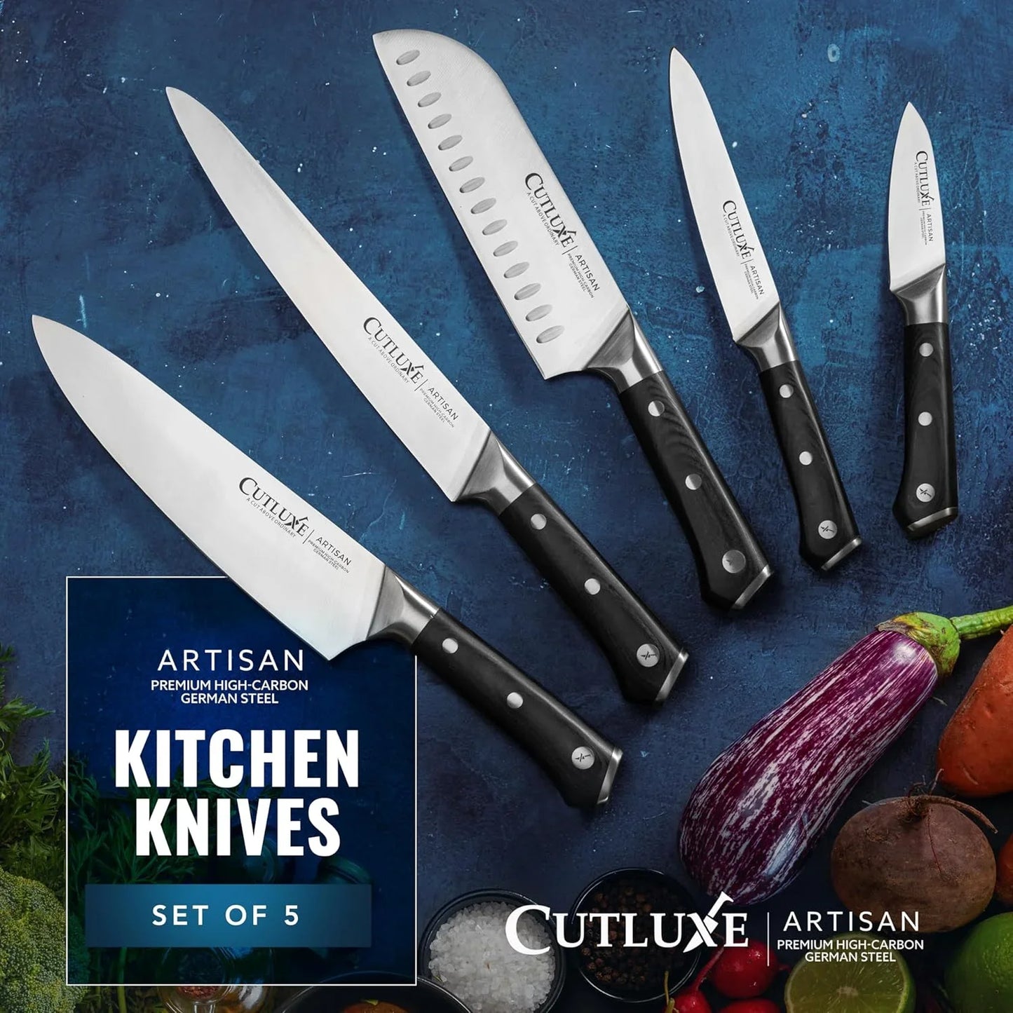 Kitchen Knives, 5 Pcs Chef'S Knife Set – Razor Sharp German Steel, Full Tang, Ergonomic Handles – Artisan Series