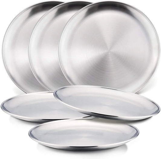 6-Piece 18/8 Stainless Steel Plates, Metal 304 Dinner Dishes for Kids Toddlers Children, 8 Inch Feeding Serving Camping Plates, Reusable and Dishwasher Safe