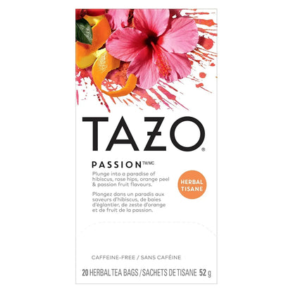 Tazo Passion herbal tea box with hibiscus, orange peel & passion fruit flavors, caffeine-free, 20 tea bags