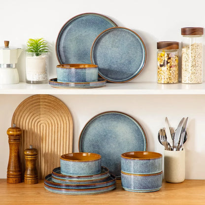 ONION Ceramic Plates and Bowls Sets, 12 Pieces Blue Dinnerware Sets for Kitchen, Reactive Glaze Dishes Set for 4, Dishwasher and Microwave Safe