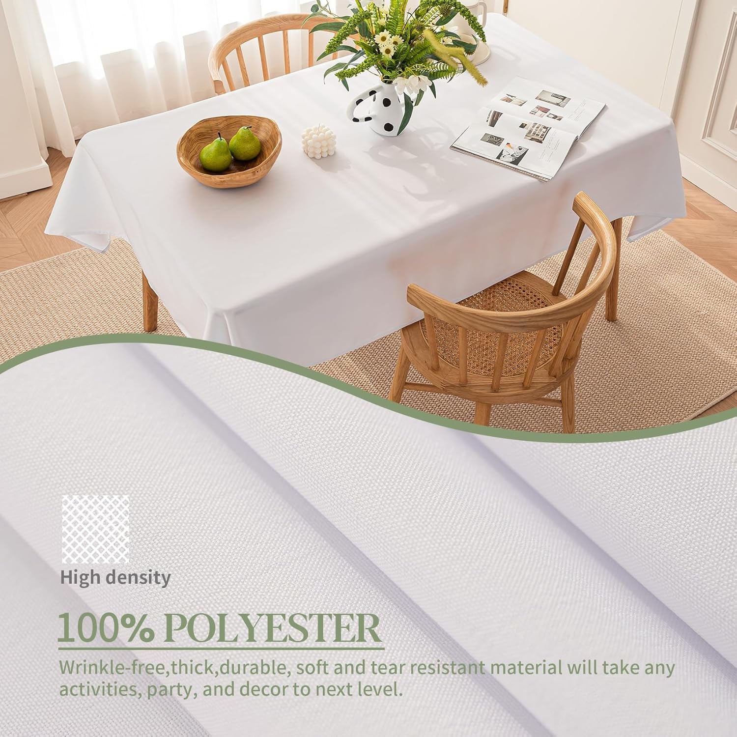 Table Cloth White 60X84 Inch Tablecloth for 6 Foot Rectangle Tables Outdoor Washable Wrinkle Free and Spillproof Polyester Tablecloth for Festival Camping Picnic Party Cover