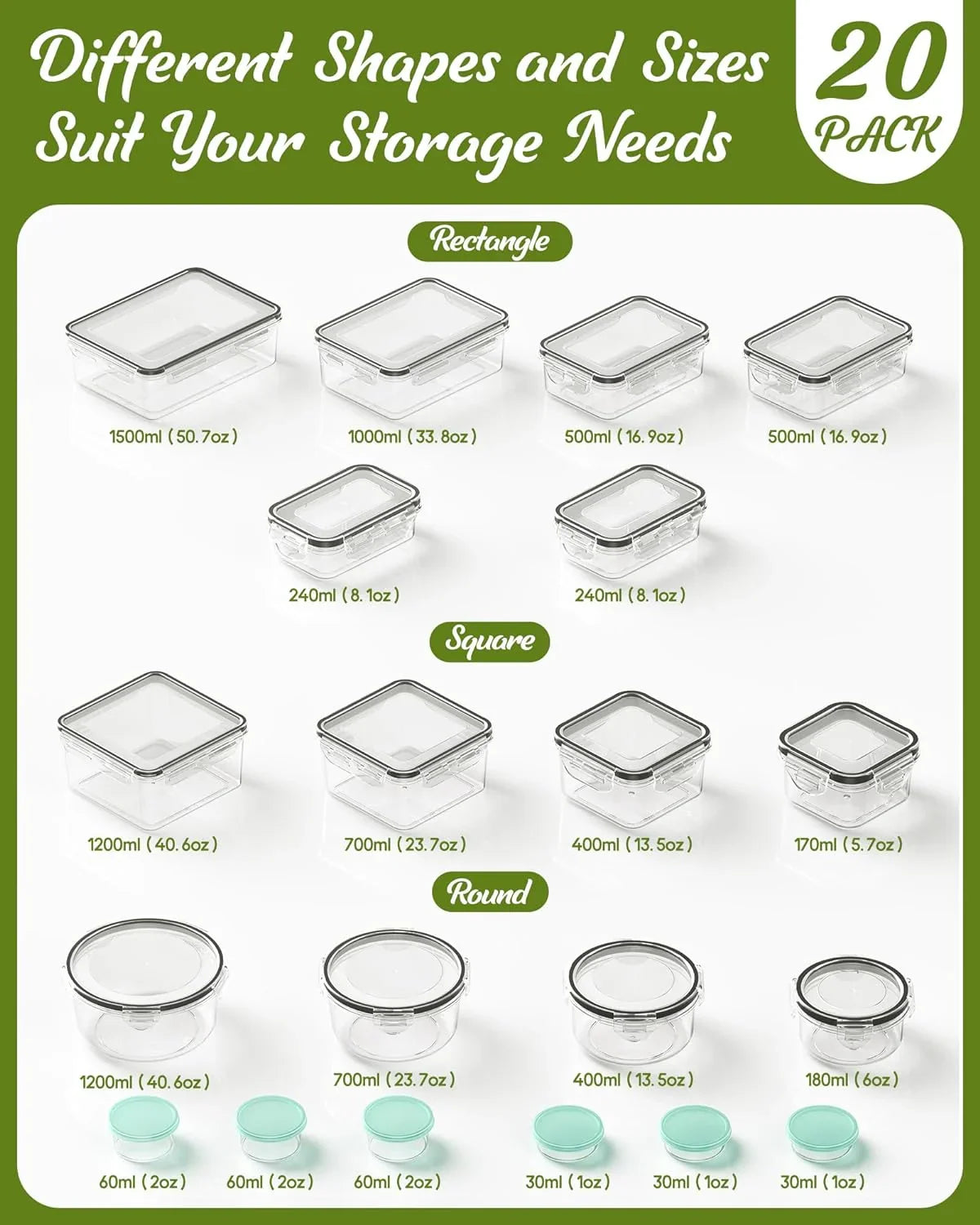 40 Piece Food Storage Containers with Lids(20 Containers & 20 Lids), Bpa-Free Plastic Food Containers for Kitchen Storage and Organization, Leak Proof Meal Prep Container, Includes Labels & Pen