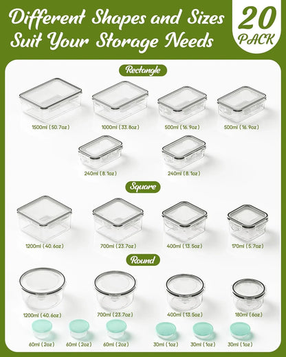 40 Piece Food Storage Containers with Lids(20 Containers & 20 Lids), Bpa-Free Plastic Food Containers for Kitchen Storage and Organization, Leak Proof Meal Prep Container, Includes Labels & Pen
